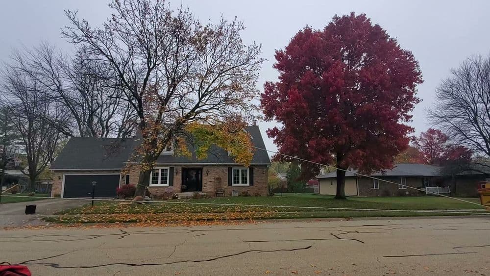 House with autumn foliage, featuring a large red maple tree in a suburban neighborhood.