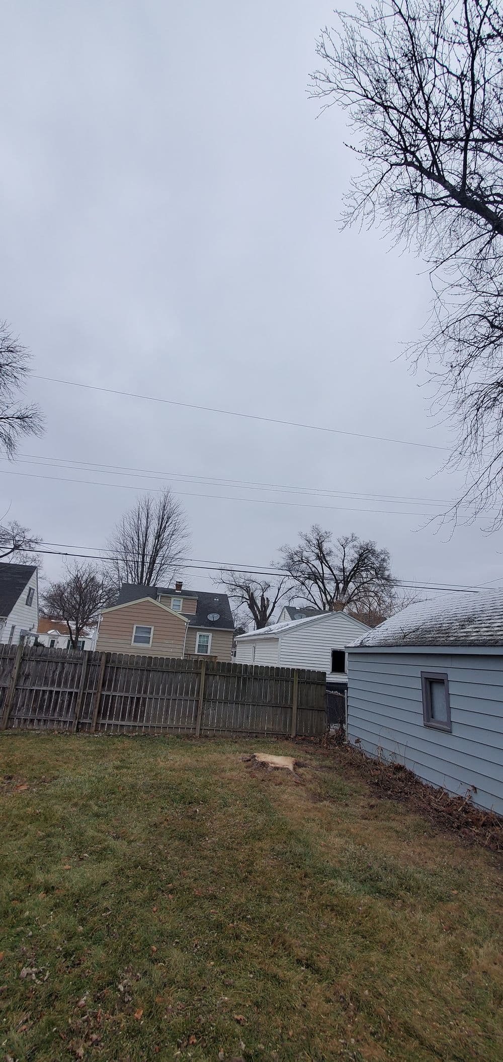 Overcast sky above a backyard with a wooden fence and nearby houses.