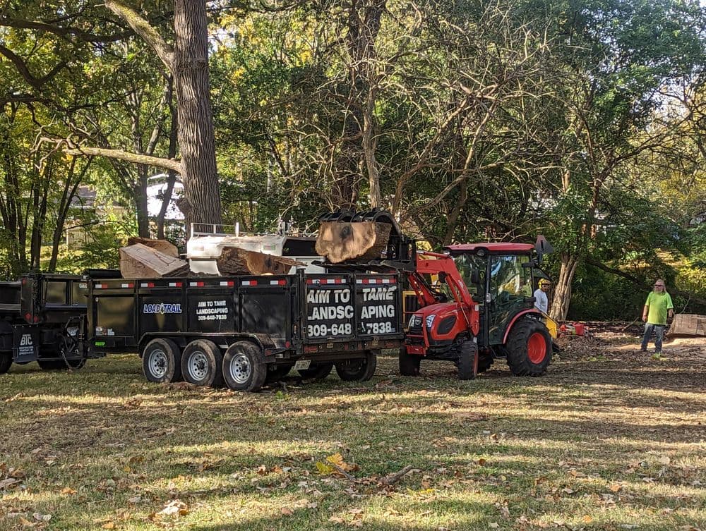 Tractor and trailer at a landscaping site, with logs and workers in a wooded area.