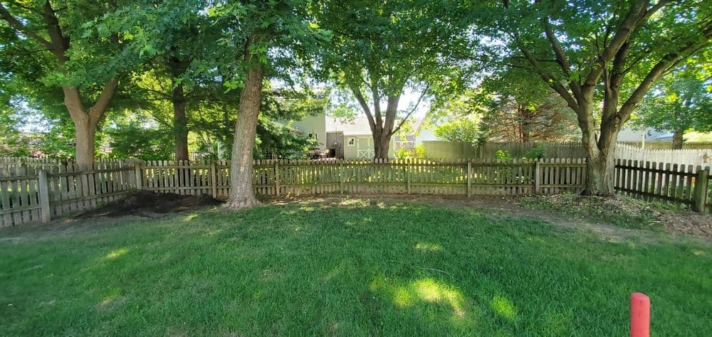 Lush green backyard with wooden fence and trees, featuring a house in the background.
